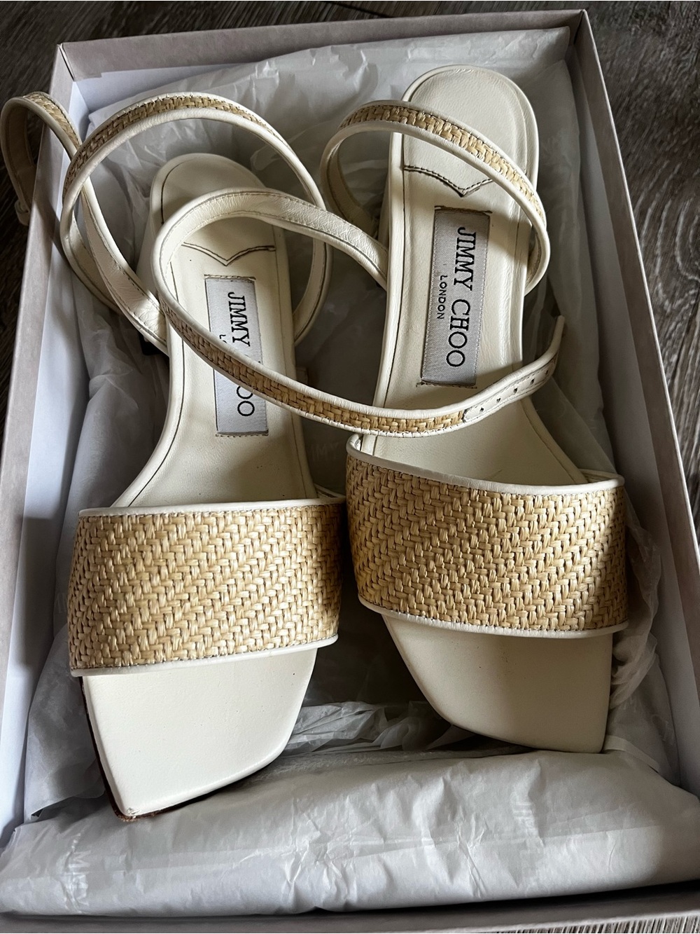Jimmy Choo Cream Sandal with Natural Woven Front Strap